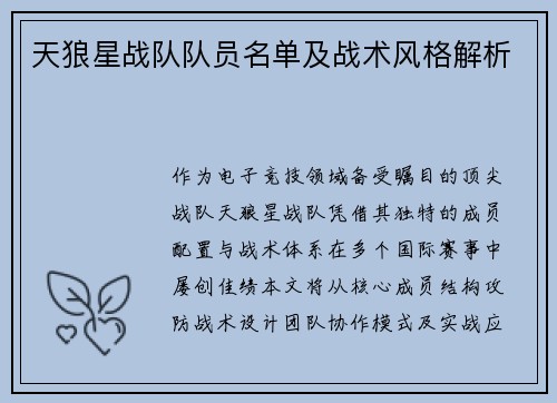 天狼星战队队员名单及战术风格解析