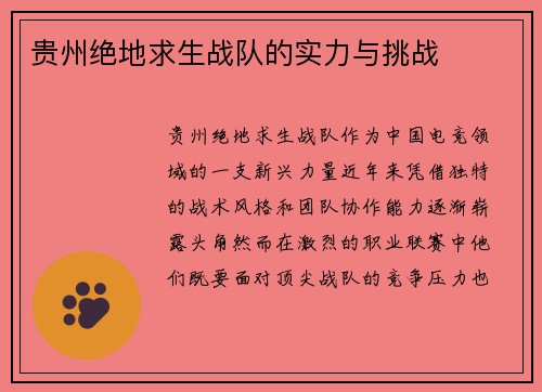 贵州绝地求生战队的实力与挑战