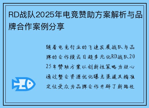 RD战队2025年电竞赞助方案解析与品牌合作案例分享